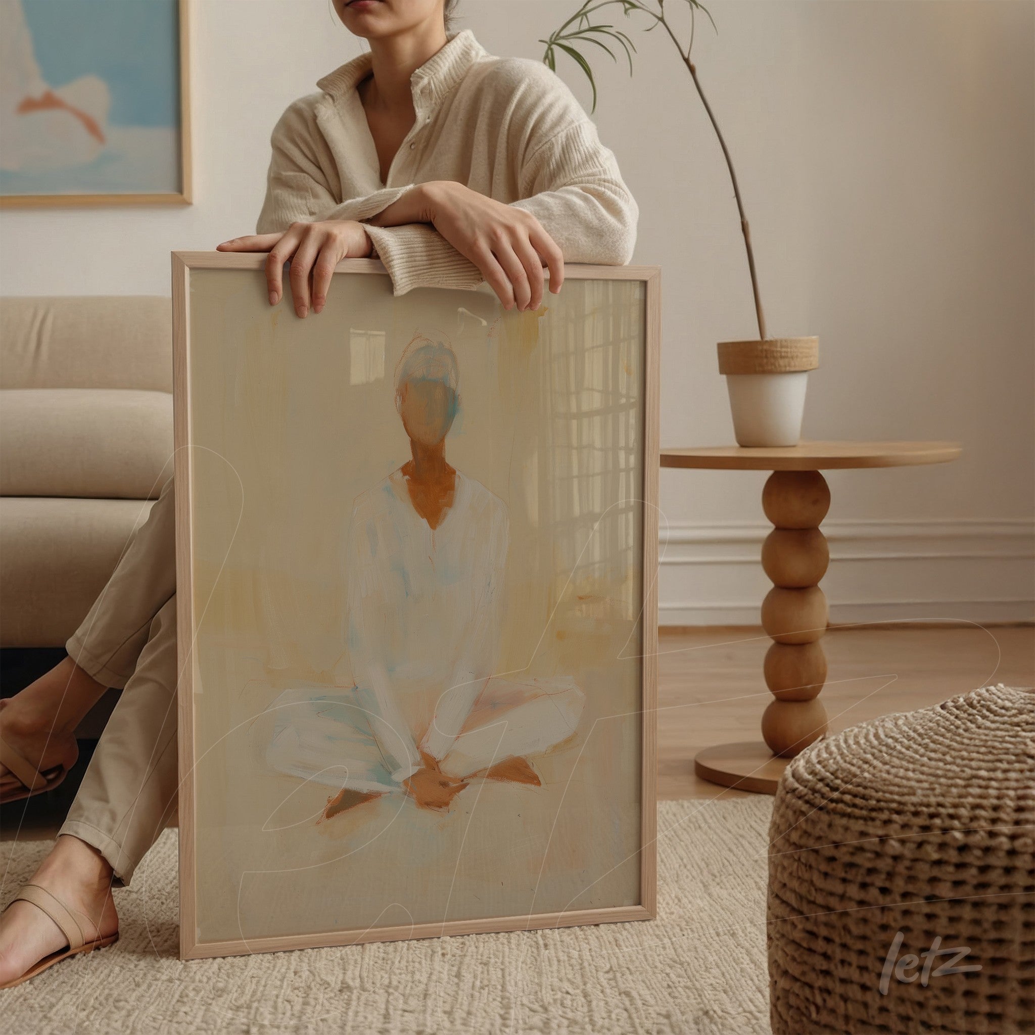 quadro com arte abstrata de figura humana meditando em moldura de madeira clara exibido ao lado de mesa redonda