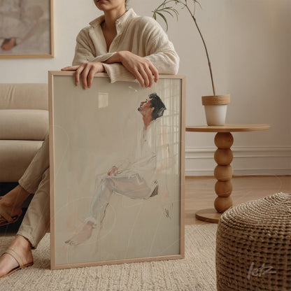 quadro com desenho minimalista de figura humana em moldura clara, apoiado na perna de uma mulher em sofá