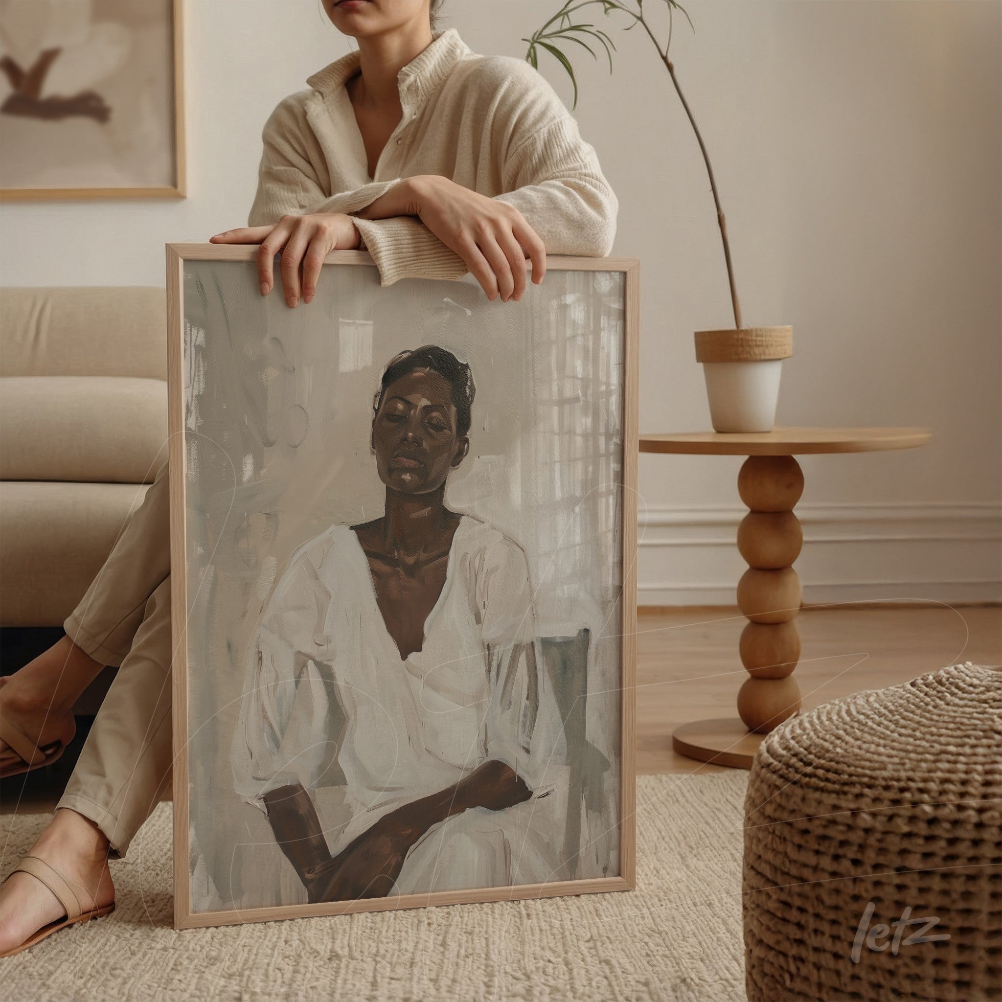 quadro em moldura clara com retrato de mulher sentada em ambiente moderno com sofá e mesa de apoio