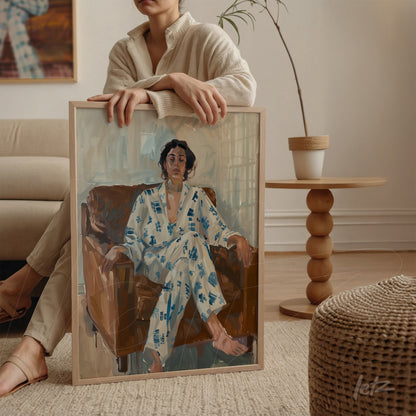 quadro em moldura clara com retrato de mulher sentada em sofá, vestindo pijama estampado em azul