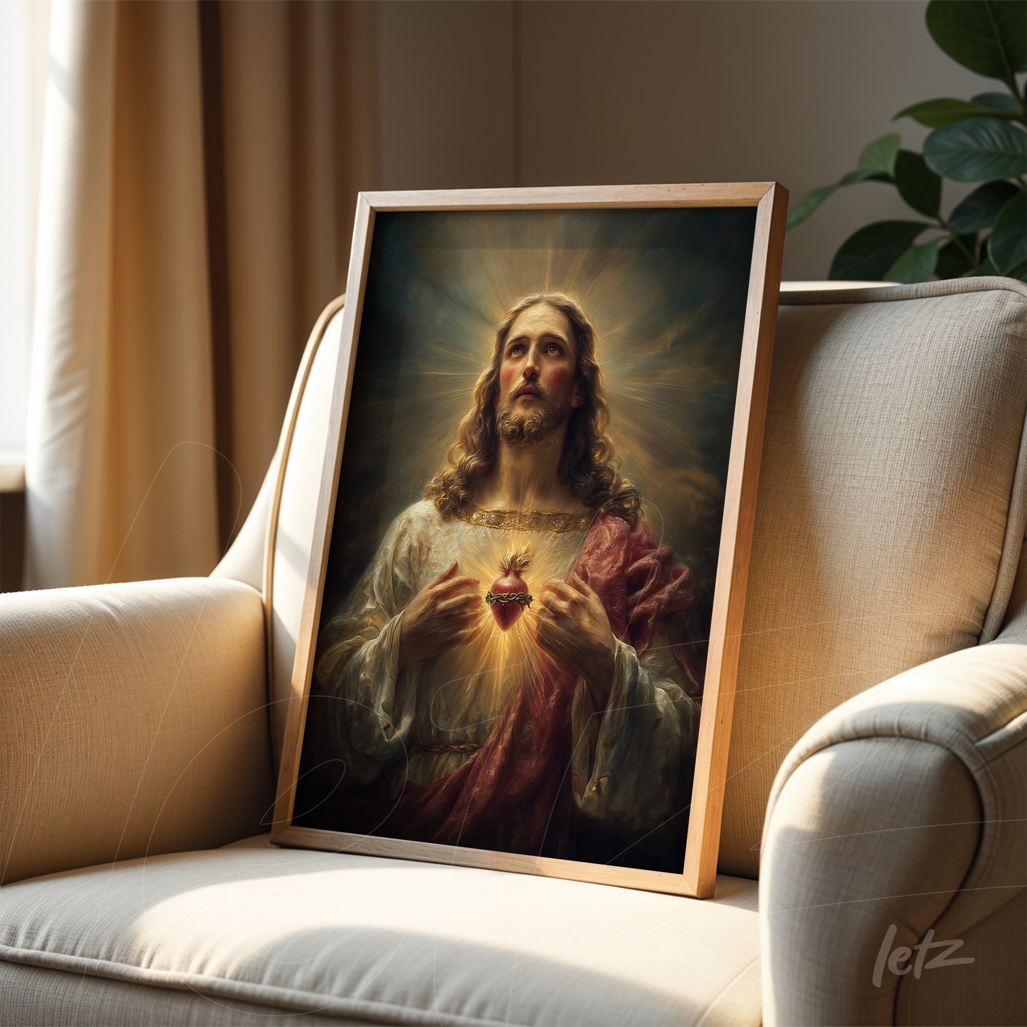 quadro com arte sacra de Jesus Cristo com o coração aberto em moldura de madeira clara sobre poltrona
