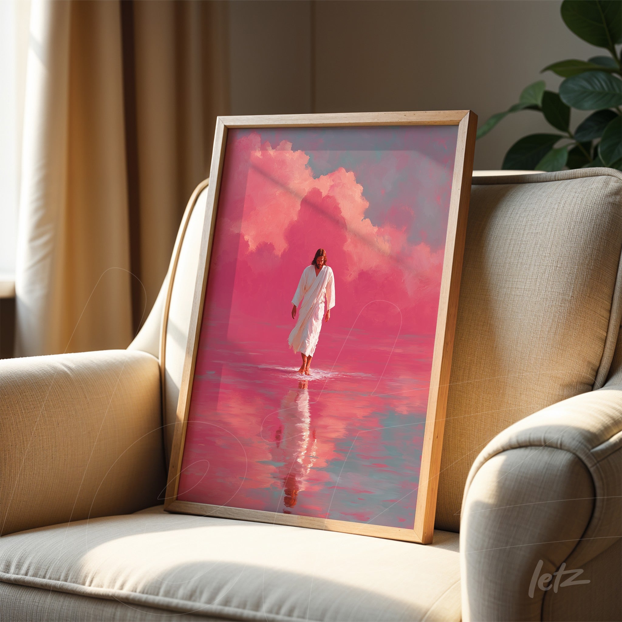 quadro com arte de figura solene caminhando sobre água em tons rosados com moldura de madeira clara