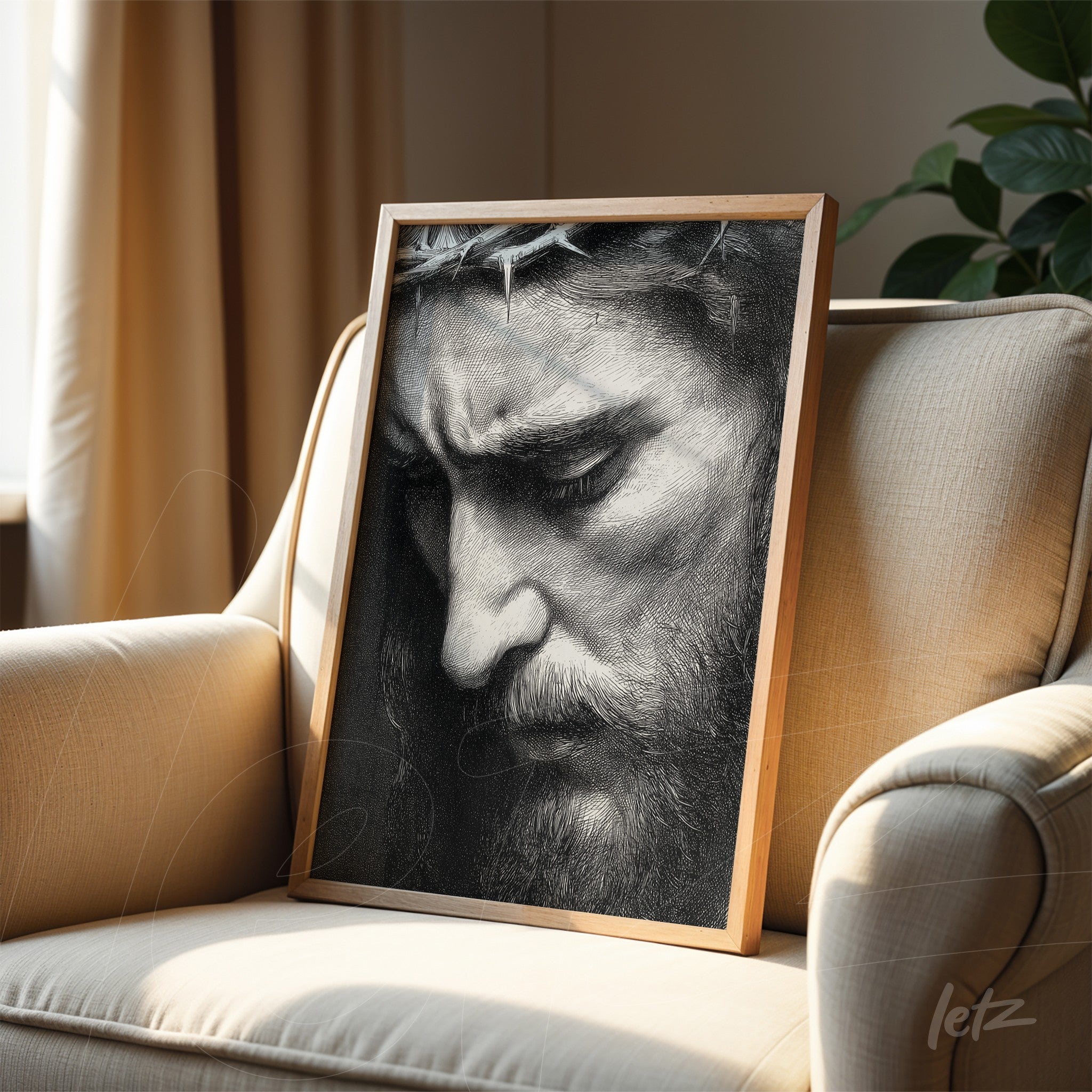 quadro em moldura de madeira clara com retrato em preto e branco de uma figura masculina com coroa de espinhos, em close