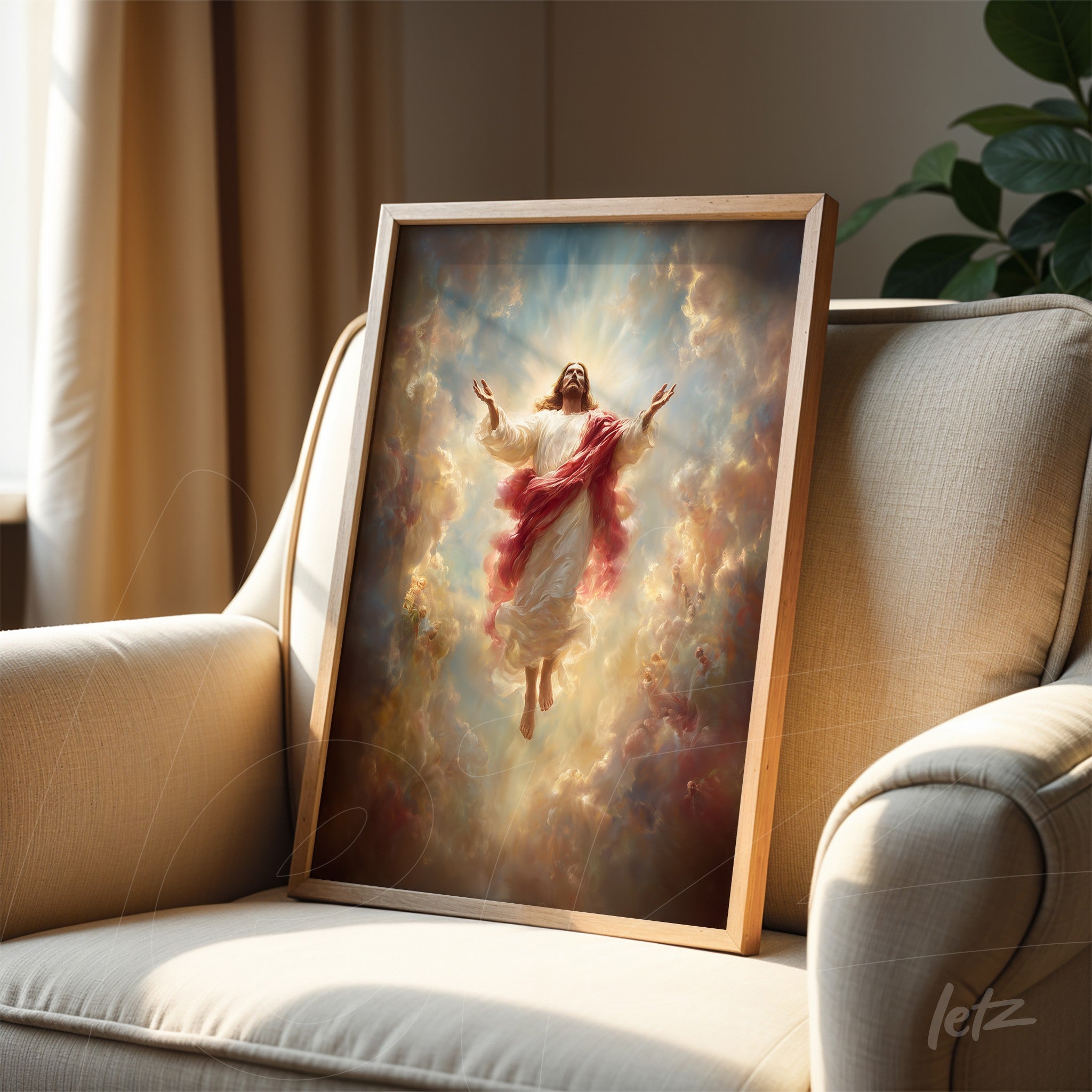 quadro com representação divina de Jesus Cristo ascendente em moldura de madeira clara