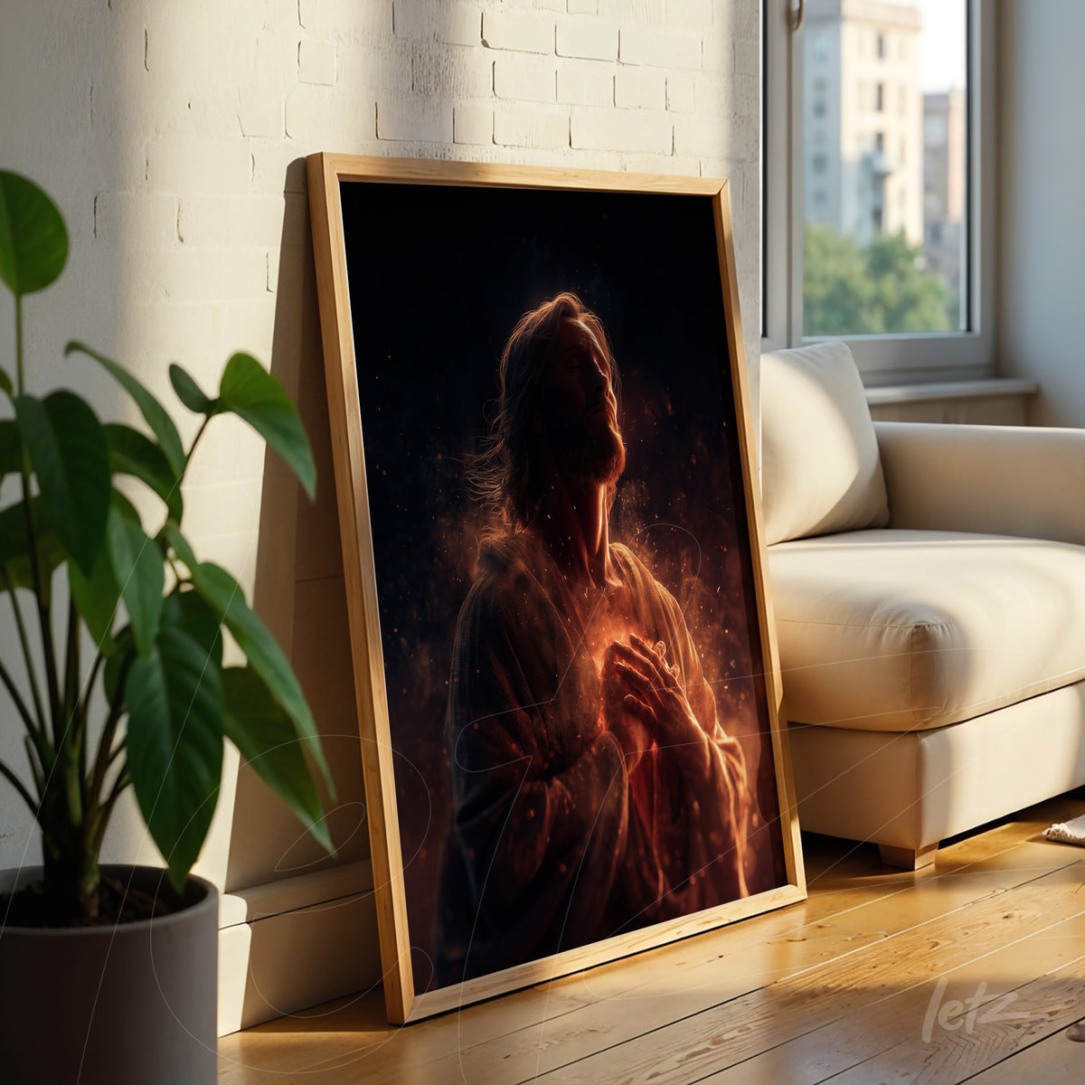 quadro com arte digital de figura religiosa em pose contemplativa dentro de moldura de madeira clara