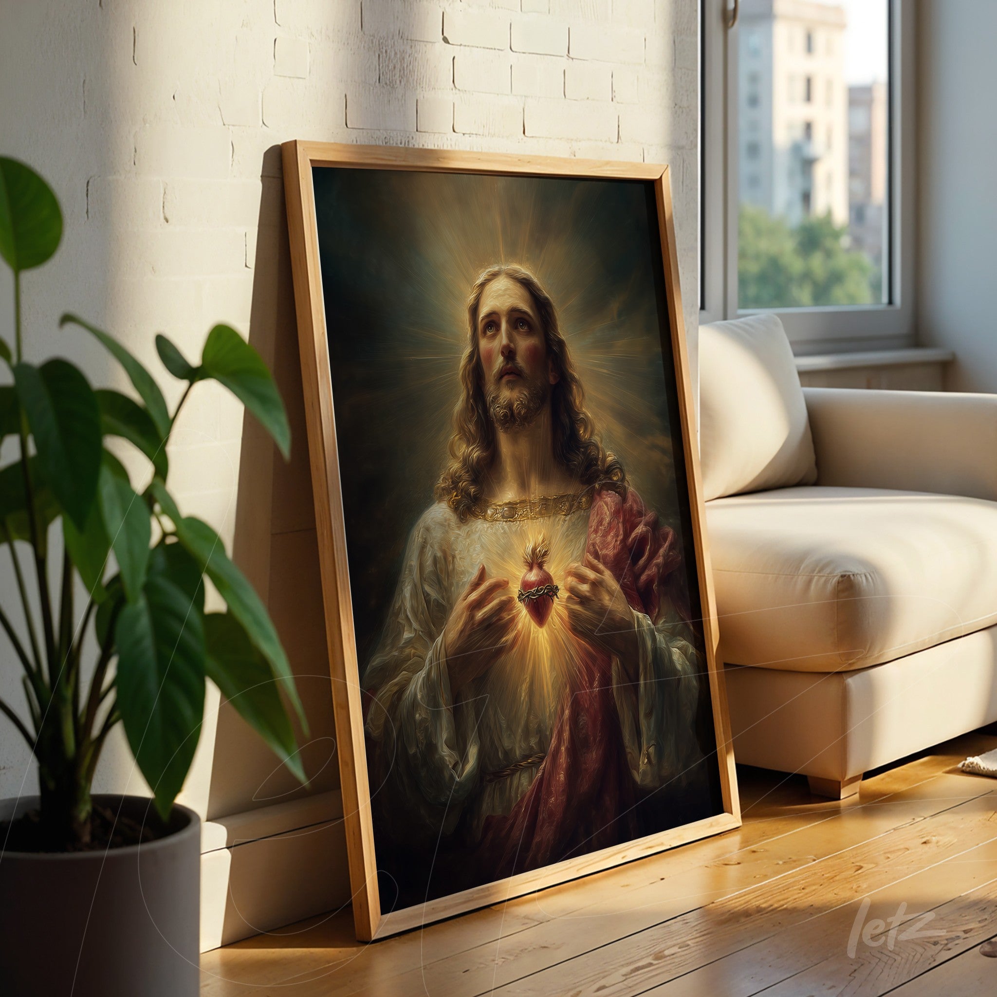 quadro com imagem de Jesus Cristo com expressão serena e coração radiante, apoiado em parede clara com moldura de madeira clara