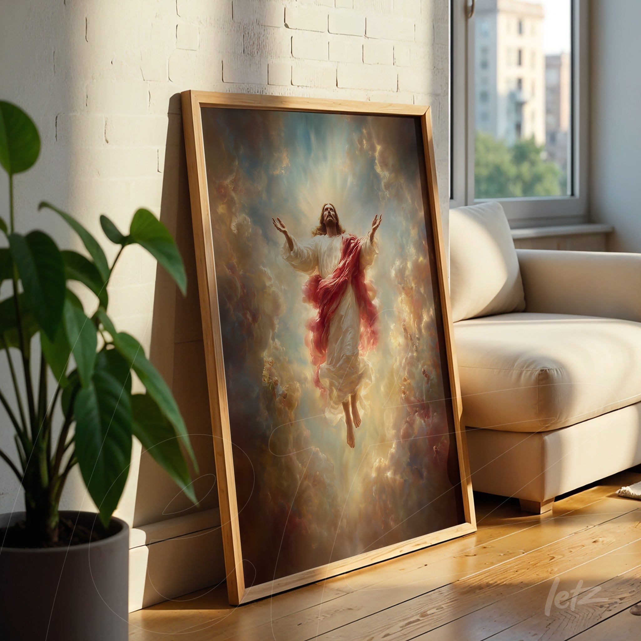 quadro em moldura de madeira clara representando Jesus Cristo em ascensão, com fundo de nuvens angelicais