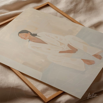 quadro com arte minimalista de mulher sentada vestindo roupas claras, apoiado em moldura de madeira clara