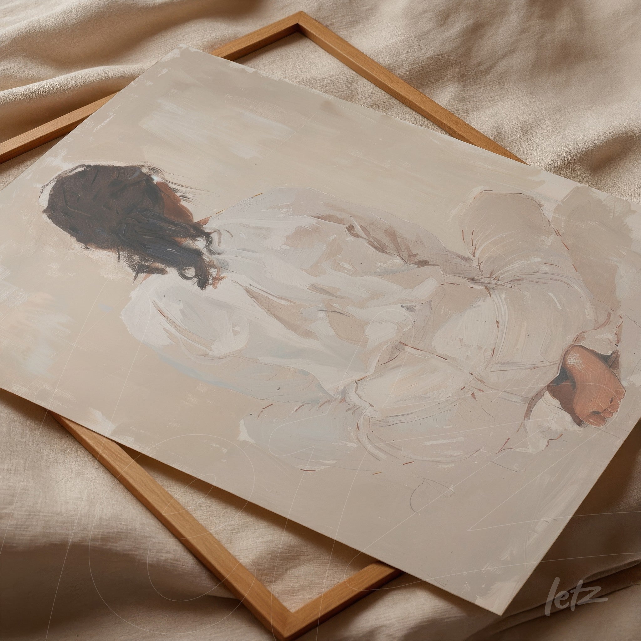 quadro com pintura minimalista de figura humana sentada de costas em moldura de madeira clara