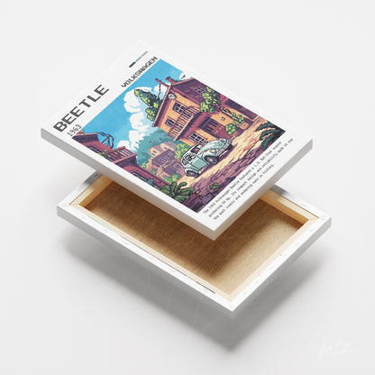 quadro em canvas com arte pixelada de uma cidade, apresentando prédios coloridos e um carro clássico em destaque sobre fundo branco