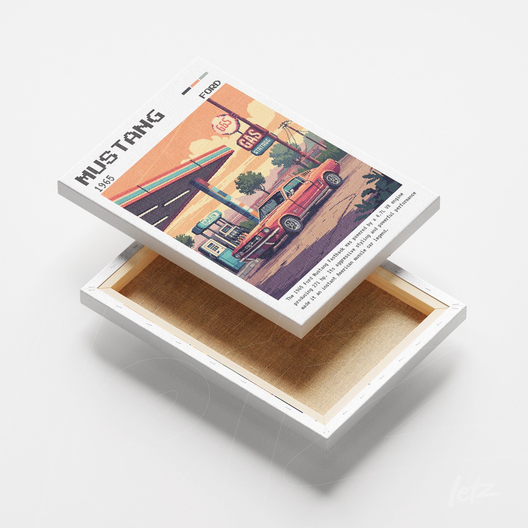 quadro em canvas com arte retrô de um carro Mustang em frente a um posto de gasolina, moldura branca