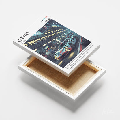quadro em canvas mostrando uma corrida de carros com destaque para um modelo GT40, ambientado em um pit stop com mecânicos trabalhando