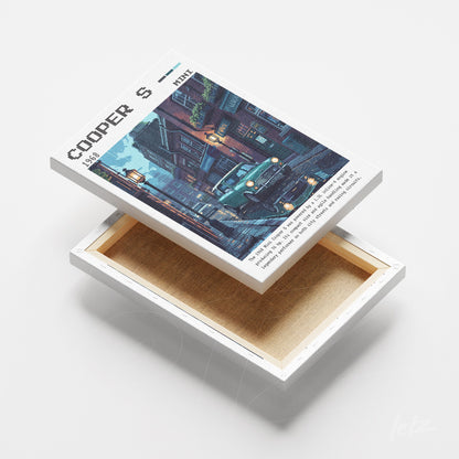 quadro em canvas com arte de um carro vintage em uma rua iluminada por lanternas, exibido em perspectiva aberta
