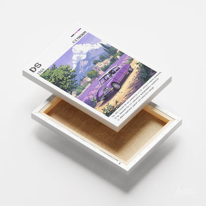 quadro em canvas com ilustração nostálgica de carro roxo em campo de lavanda com montanhas ao fundo