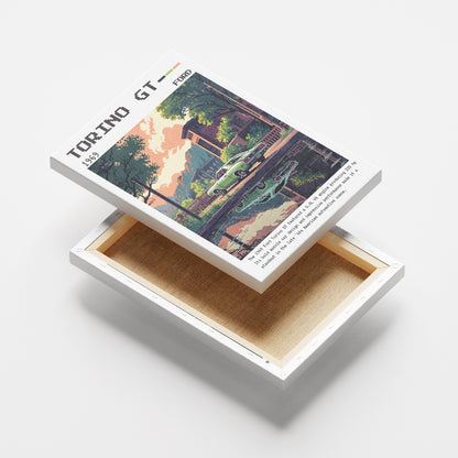 quadro em canvas com arte retro de um carro Torino GT de 1968 em uma cena nostálgica com reflexo na água