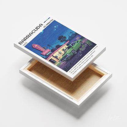 quadro em canvas com arte retrô de um carro verde em frente a uma lanchonete iluminada, estilo vintage