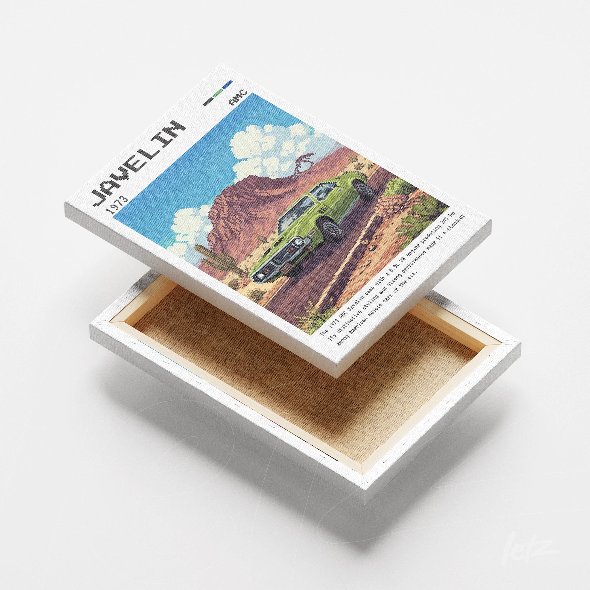 quadro em canvas com arte retro de carro Javelin em paisagem desértica, fundo claro e moldura branca
