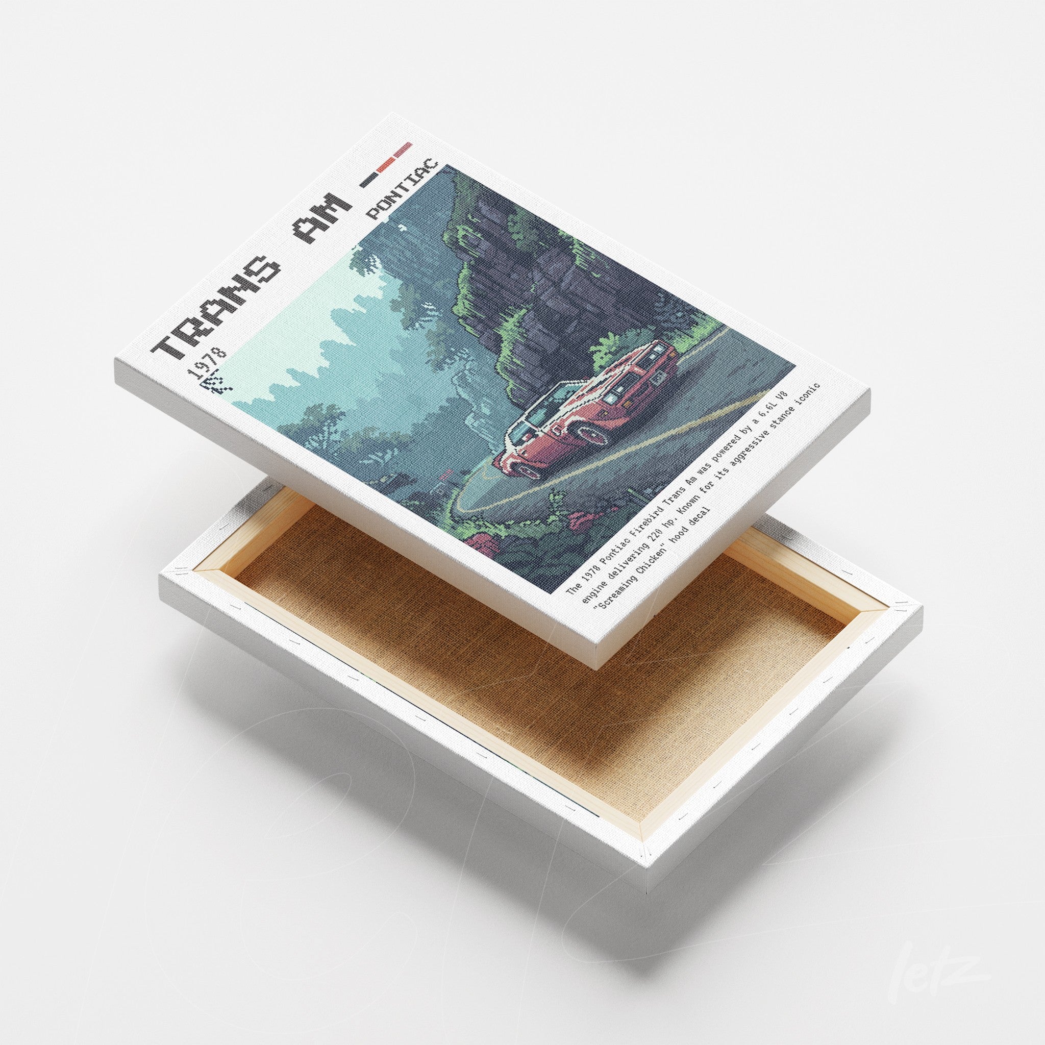 quadro em canvas com arte retro de carro Trans Am em uma paisagem de floresta