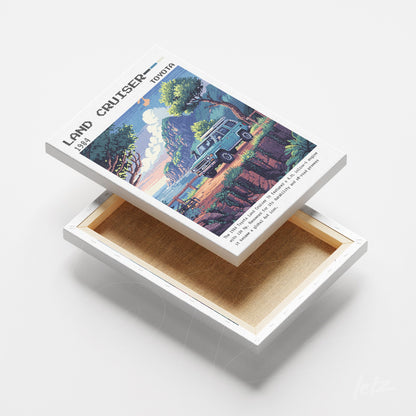 quadro em canvas com ilustração retrô de um Toyota Land Cruiser em uma paisagem montanhosa colorida