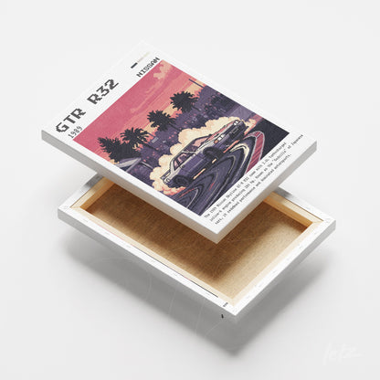 quadro em canvas com arte retrô de um carro esportivo Nissan GTR R32 em uma curva, com fundo colorido e detalhes de fumaça