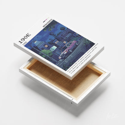 quadro em canvas com arte retrô de uma cena urbana noturna com um carro rosa em uma rua iluminada por postes