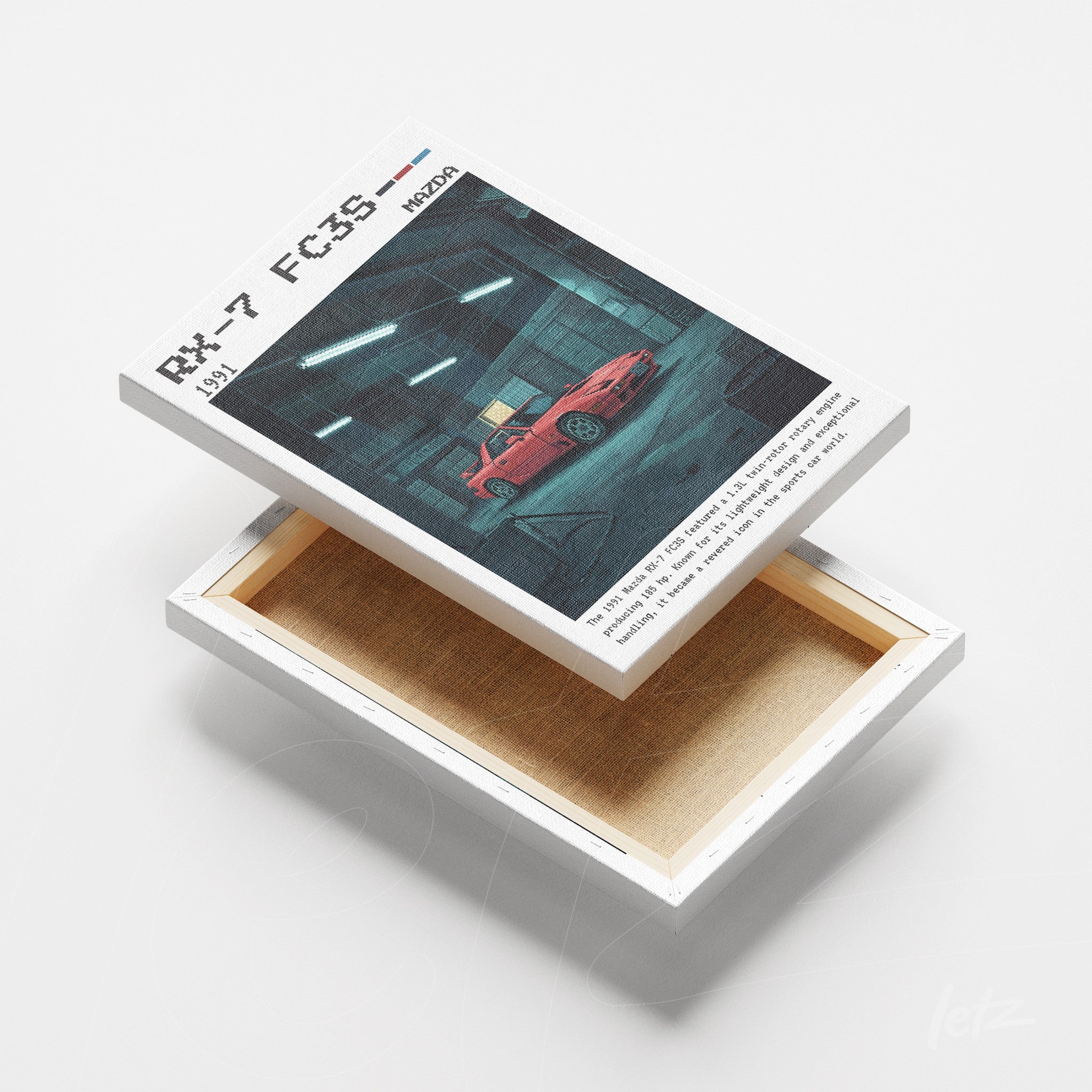 quadro em canvas com arte do carro Mazda RX-7 de 1991, destacando um ambiente de garagem com luzes suaves