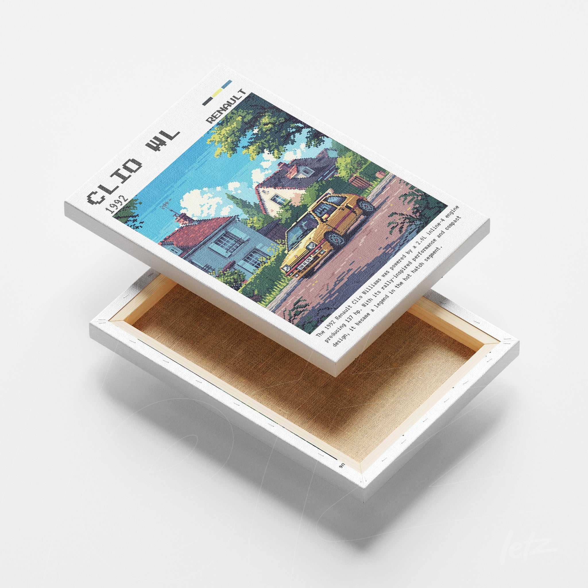 quadro em canvas com arte digital de um carro amarelo estacionado em uma rua residencial, moldura branca e fundo de cores vibrantes