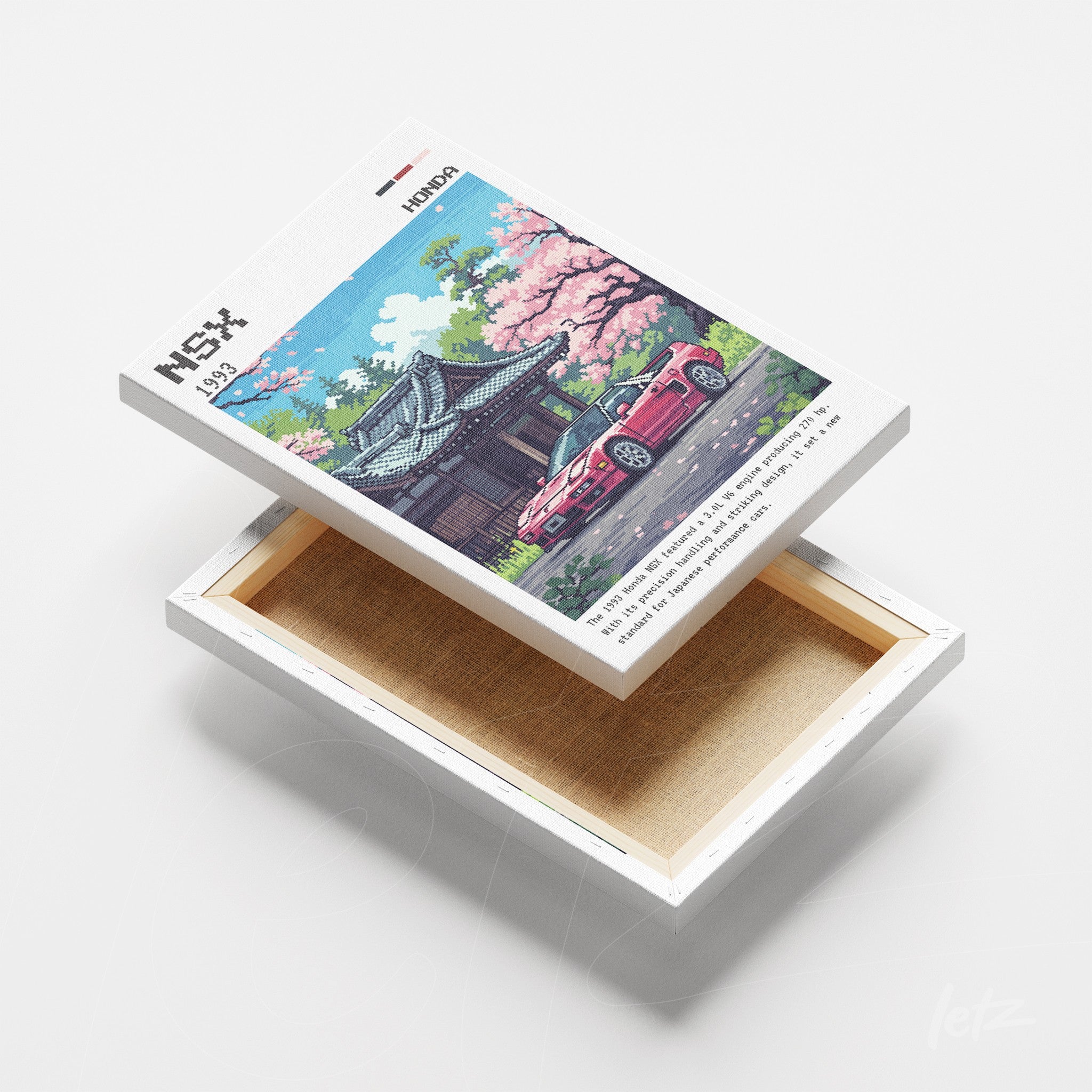 quadro em canvas com arte de uma casa tradicional japonesa e um carro esportivo vermelho sob cerejeiras em flor