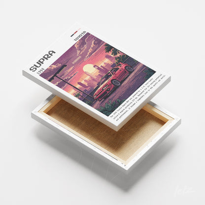 quadro em canvas com arte digital de carro Supra em estilo retrô na embalagem, com fundo de pôr do sol e skyline da cidade