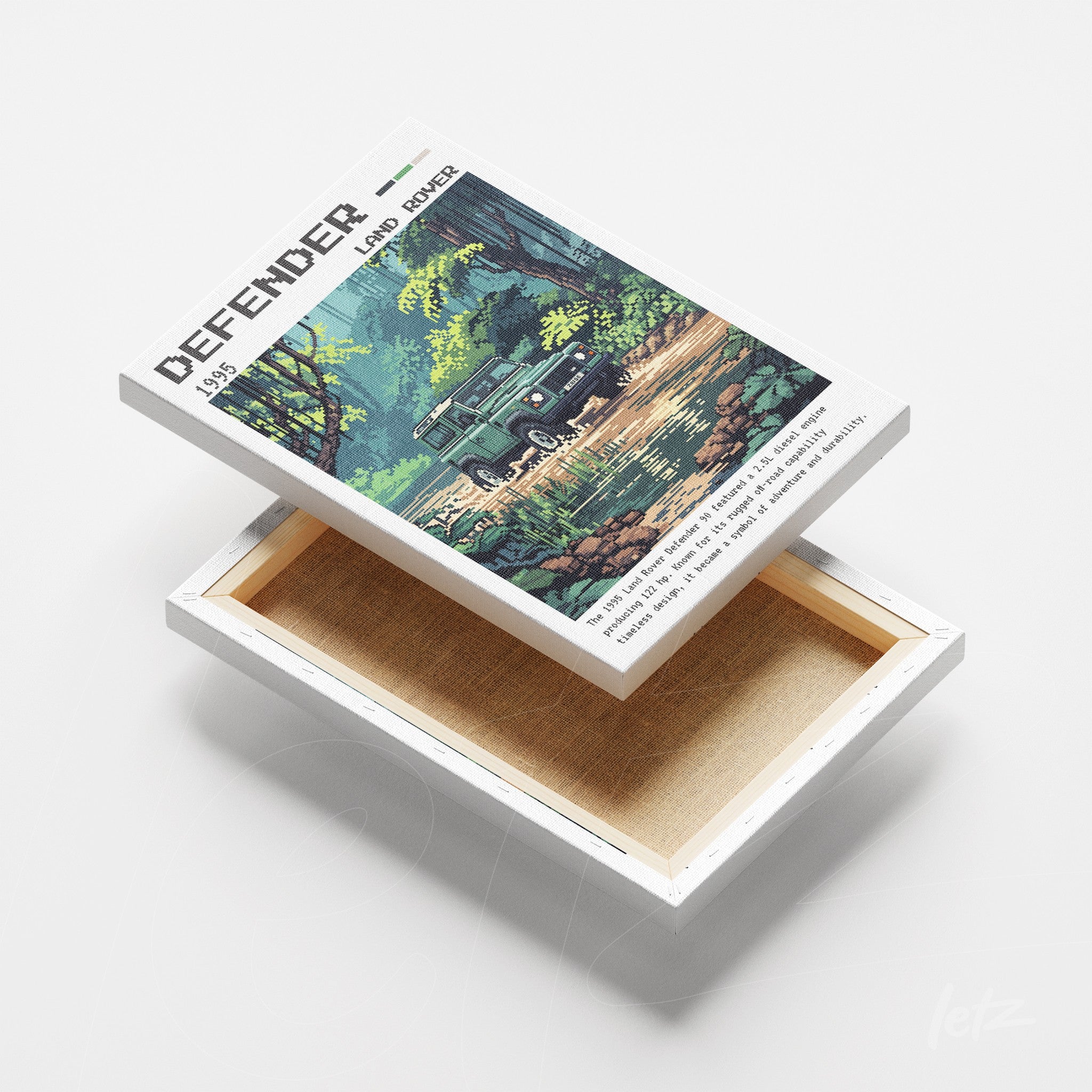 quadro em canvas com ilustração retro de um carro Land Rover em meio a uma floresta exuberante