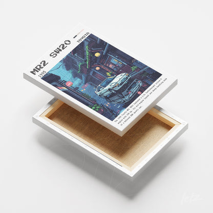 quadro em canvas com arte de carro Toyota MR2 de 1989 em ambiente urbano noturno com elementos de neon