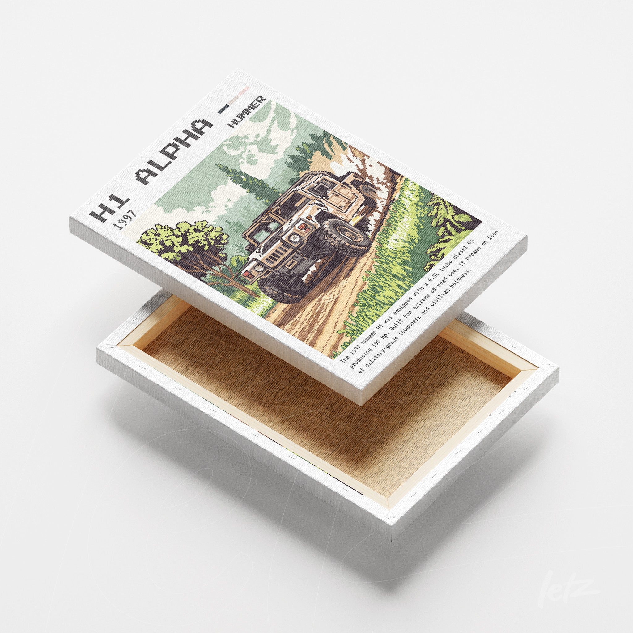 arte digital de carro H1 Alpha em estilo pixelado com moldura branca