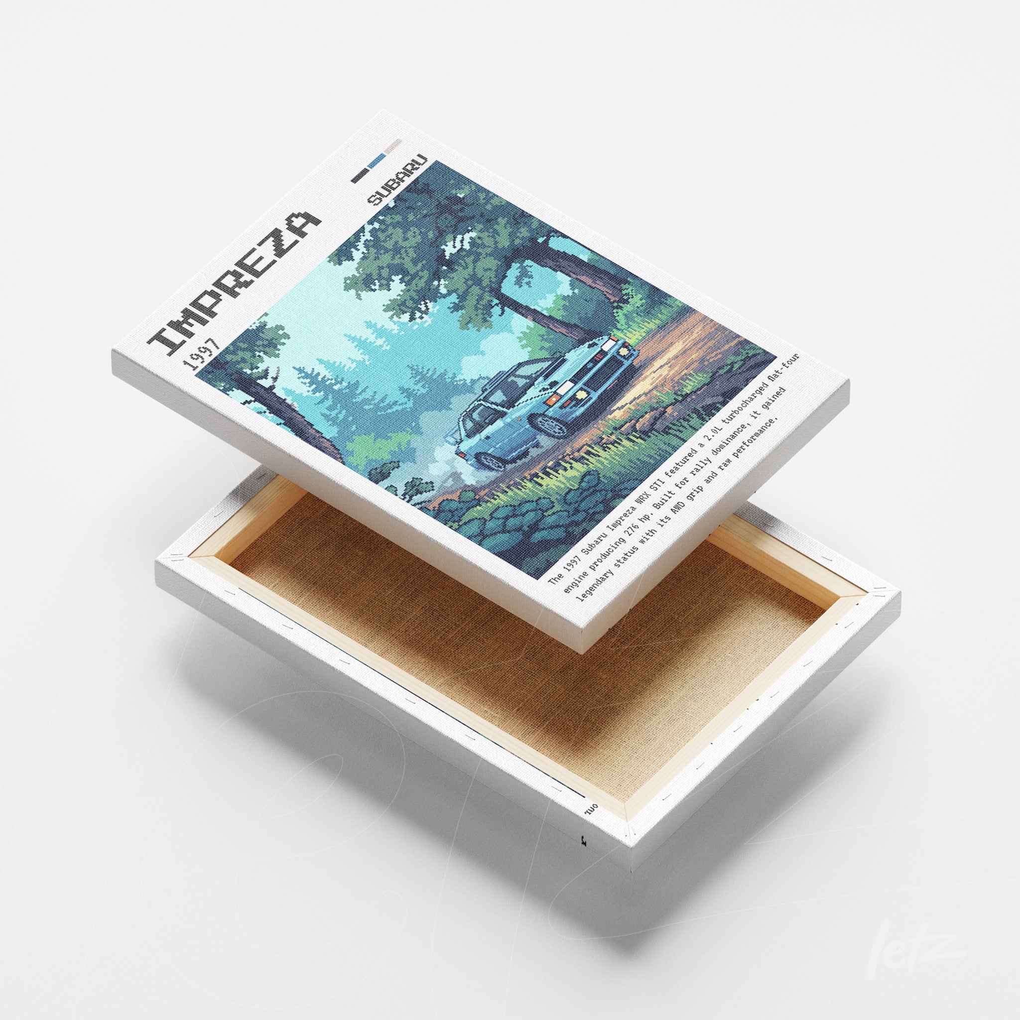 quadro em canvas com arte pixelada do carro Subaru Impreza em uma paisagem de floresta