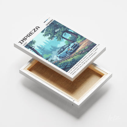 quadro em canvas com arte pixelada do carro Subaru Impreza em uma paisagem de floresta