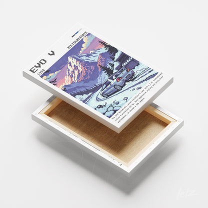 quadro em canvas com arte retrô de um carro Mitsubishi em uma estrada montanhosa coberta de neve, moldura branca