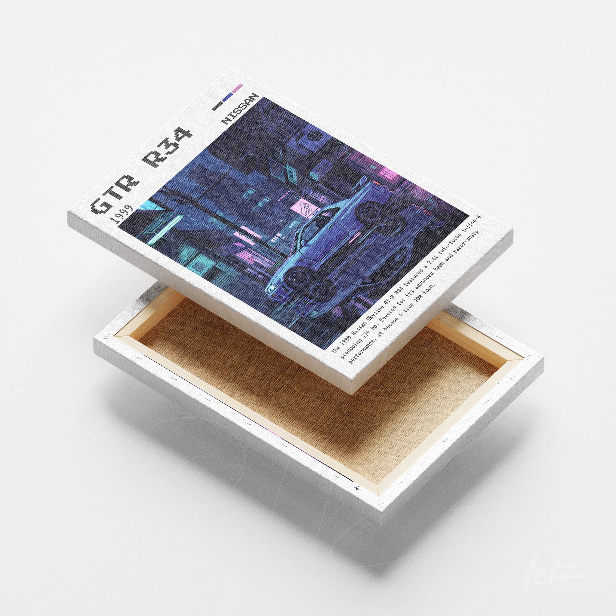 quadro em canvas com arte digital do carro Nissan GTR R34 em estilo futurista com fundo de cidade iluminada
