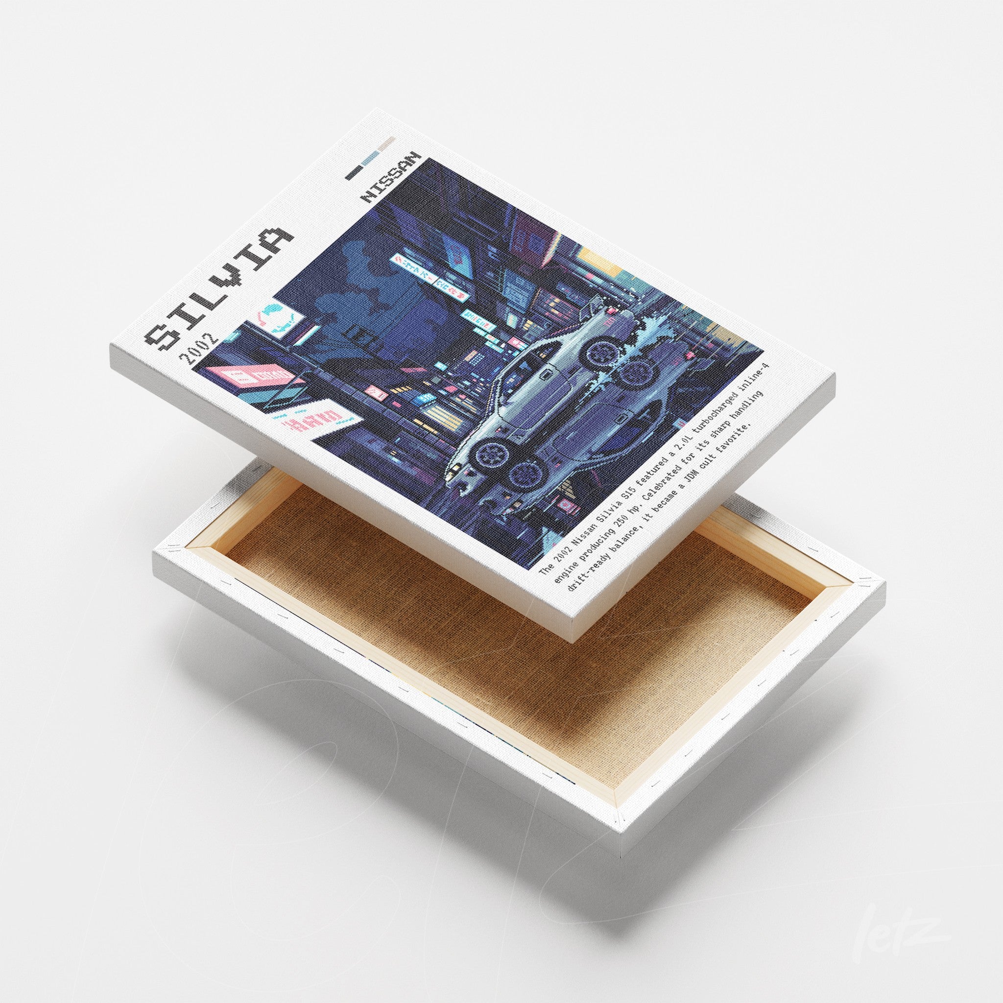 quadro em canvas com arte digital de um carro Nissan Silvia em cenário urbano noturno