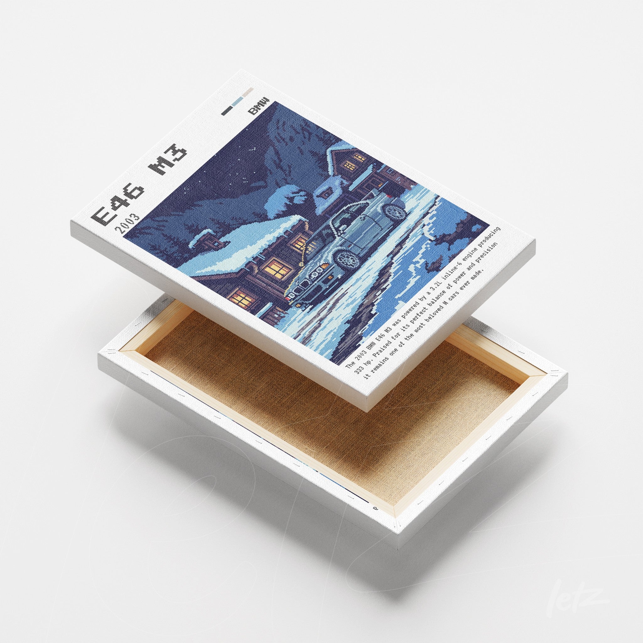 quadro em canvas com ilustração noturna de um carro E46 M3 em frente a uma casa em uma paisagem de inverno