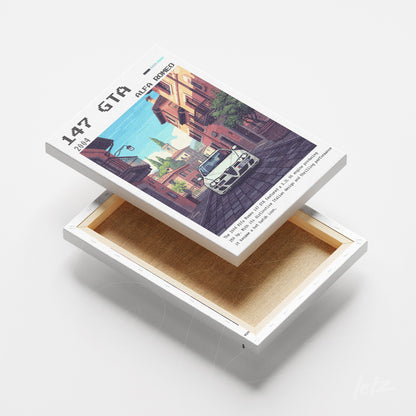 quadro em canvas com ilustração retrô de carro modelo 147 GTA em rua de cidade europeia