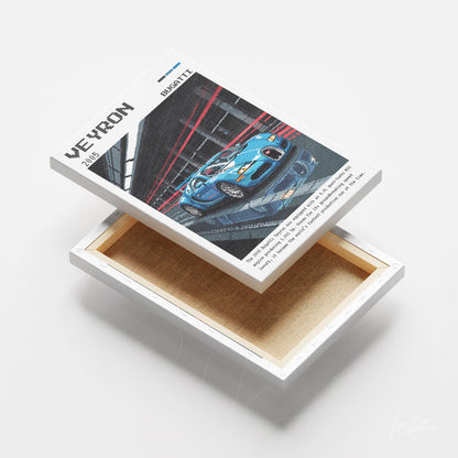 quadro em canvas com arte de um carro esportivo azul em uma pista, com detalhes de pixel art