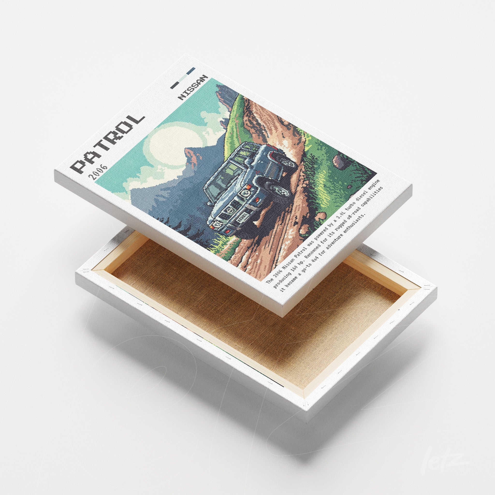 quadro em canvas retrô com ilustração de um SUV Nissan Patrol em estrada de terra sob céu azul