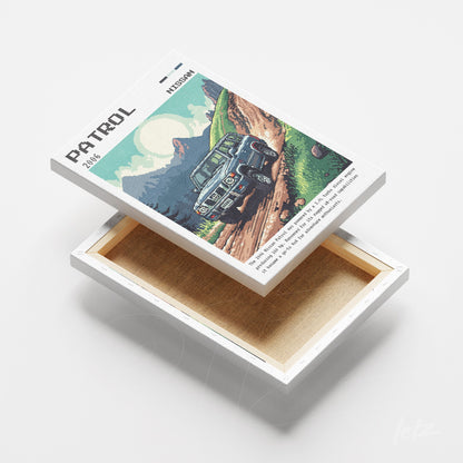quadro em canvas retrô com ilustração de um SUV Nissan Patrol em estrada de terra sob céu azul