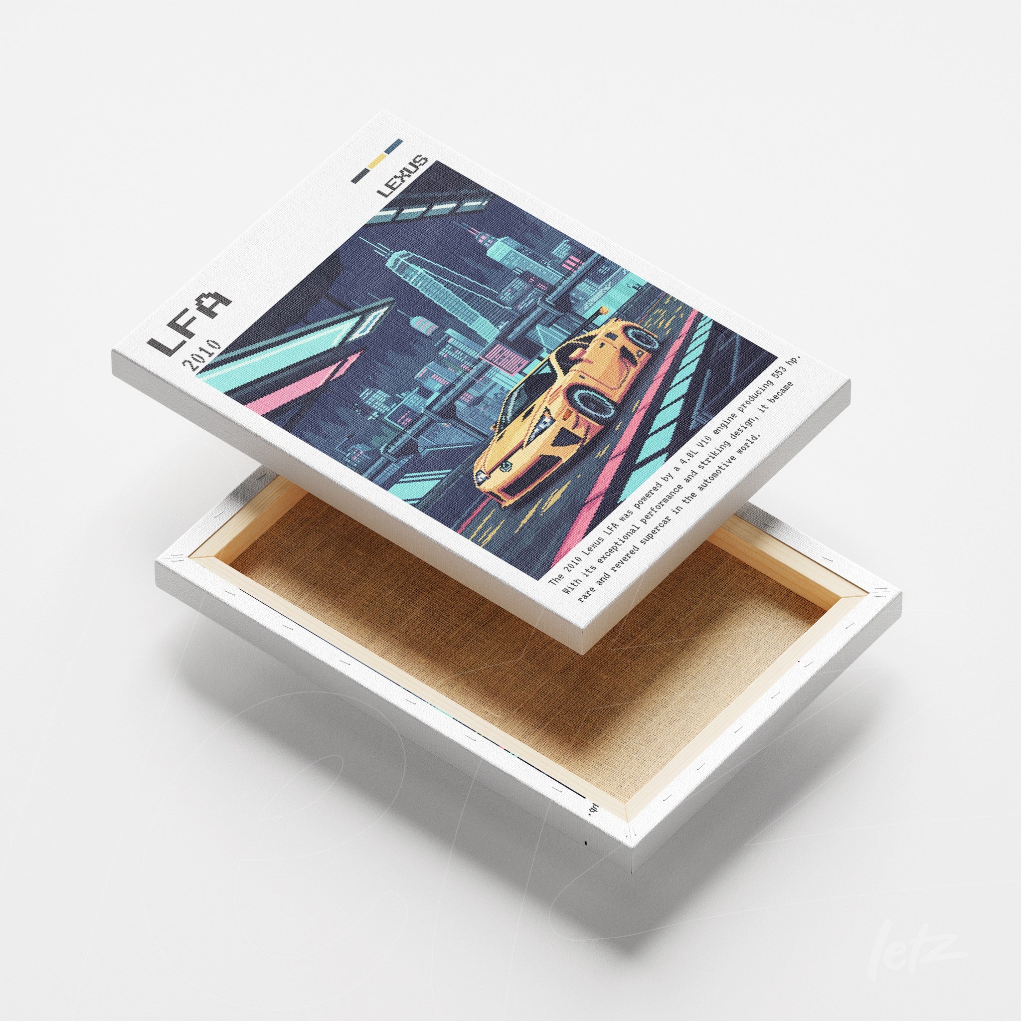 quadro em canvas apresentando uma ilustração de carro esportivo amarelo em uma cidade futurista, com detalhes em neon ao fundo