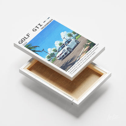 quadro em canvas com arte vintage de um carro Golf GTI em cenário tropical com palmeiras