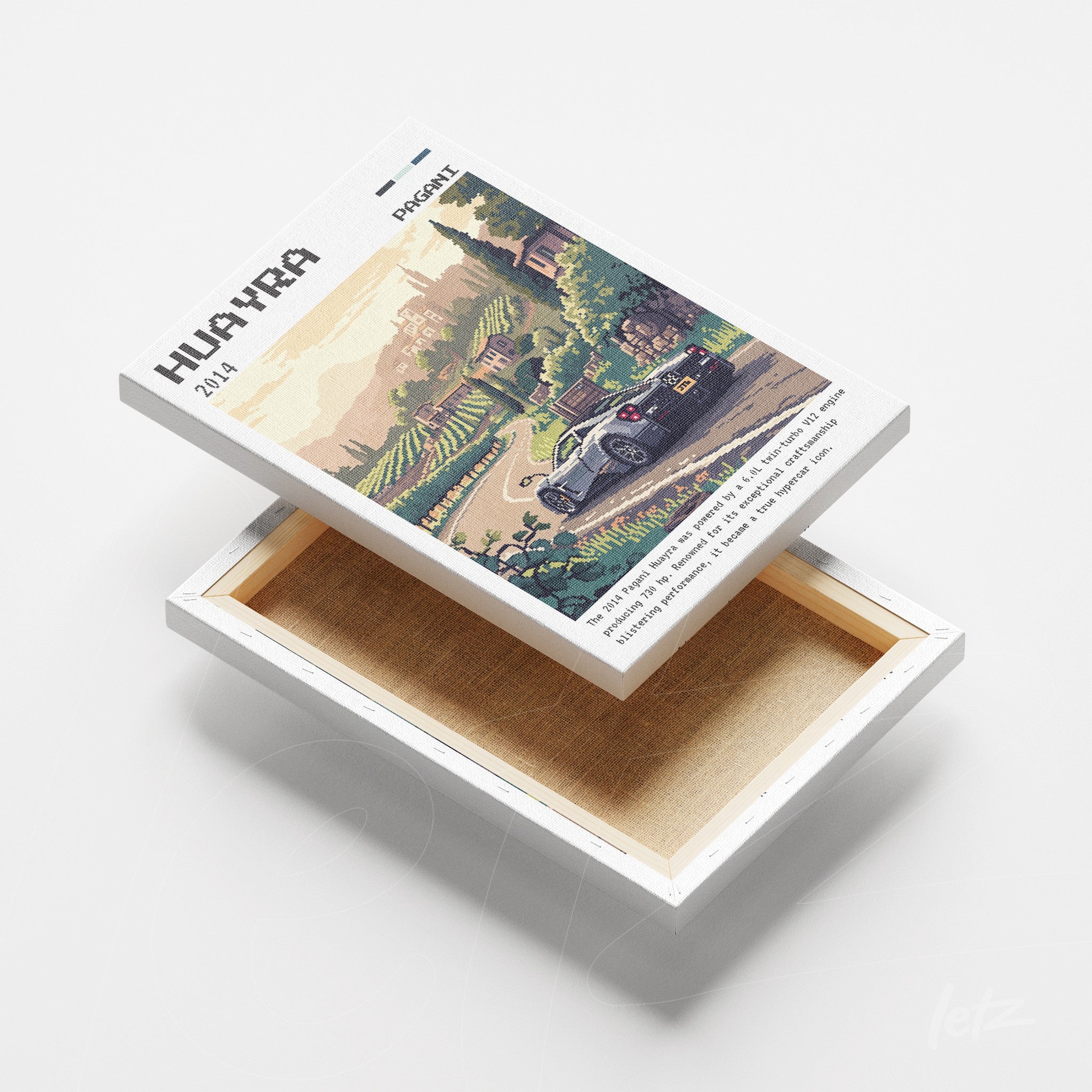 quadro em canvas com arte pixelada de um carro esportivo em um cenário vinícola com colinas e vinhedos ao fundo