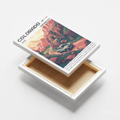 quadro em canvas com arte retro de um carro Chevrolet Colorado em uma estrada montanhosa com fundos coloridos