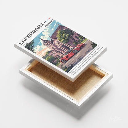 quadro em canvas com arte retro de um carro Ferrari vermelho em frente a uma mansão, apresentado em moldura branca