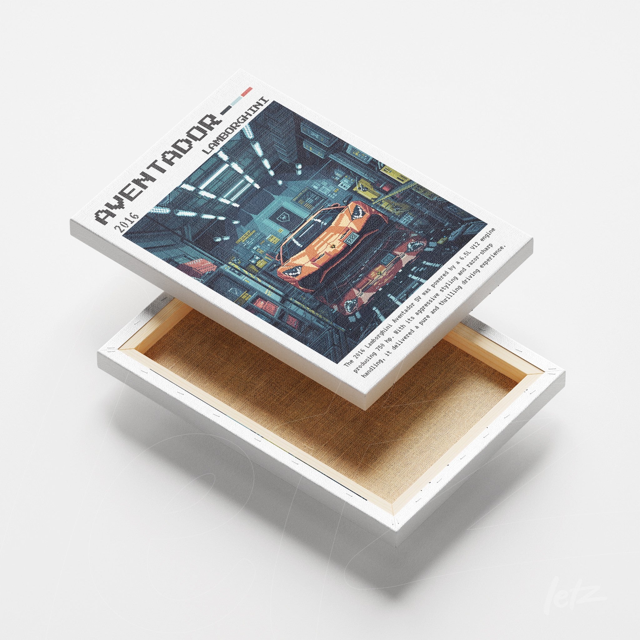 quadro em canvas com arte digital de um Lamborghini Aventador em ambiente urbano, moldura branca