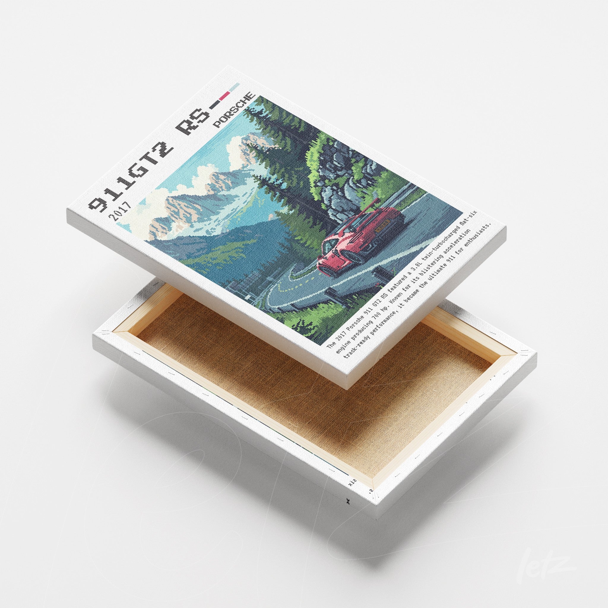 quadro em canvas com arte retro de um carro esportivo vermelho na estrada, fundo de montanhas e árvores verdes