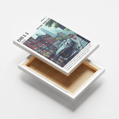 quadro em canvas com ilustração de um carro Aston Martin em meio a uma rua urbana com casas coloridas ao fundo